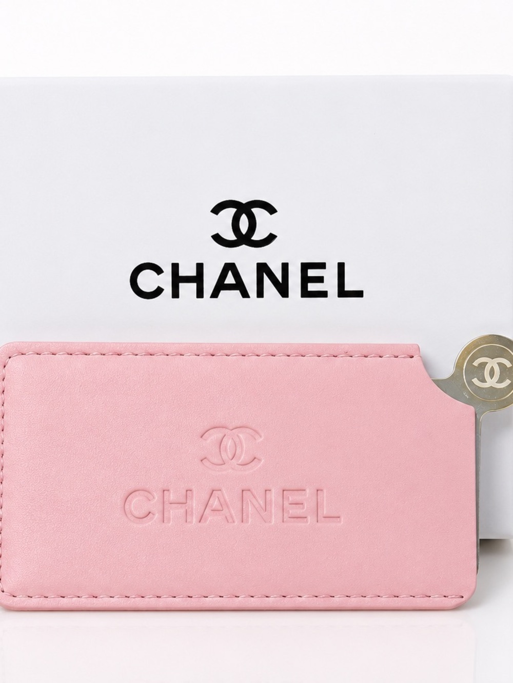 CHANEL Pink Embossed Leather Card Slot Mirror with CC Detail